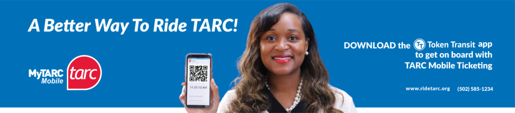 A woman in business attire holds up a smartphone displaying a QR code, promoting the TARC mobile ticketing app with text instructions on how to download and use it.