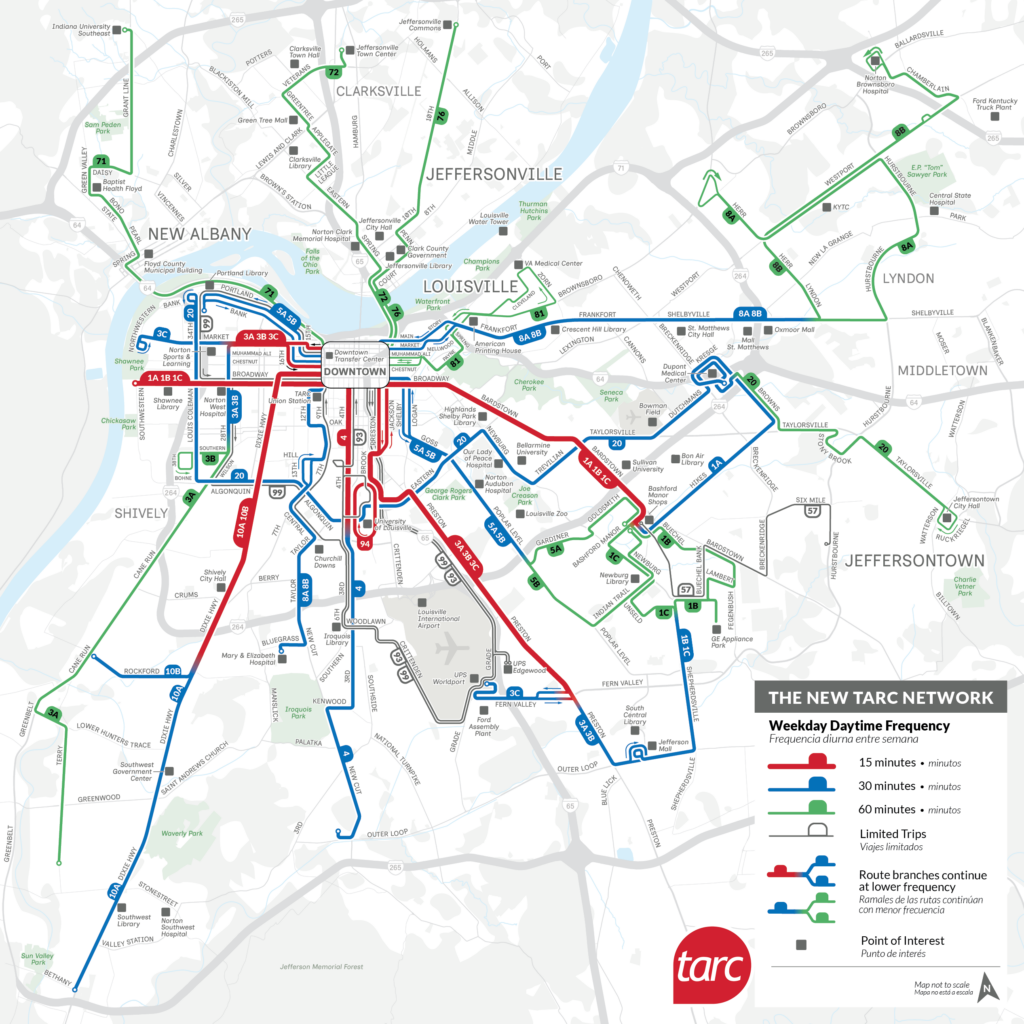 Transit map of Louisville's TARC bus network showing routes, stops, and weekday daytime frequency with color-coded lines for different service intervals.