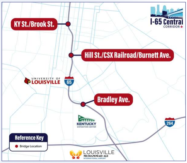 Map highlighting bridge locations at KY St./Brook St., Hill St./CSX Railroad/Burnett Ave., and Bradley Ave. near I-65, University of Louisville, and Kentucky Exposition Center.