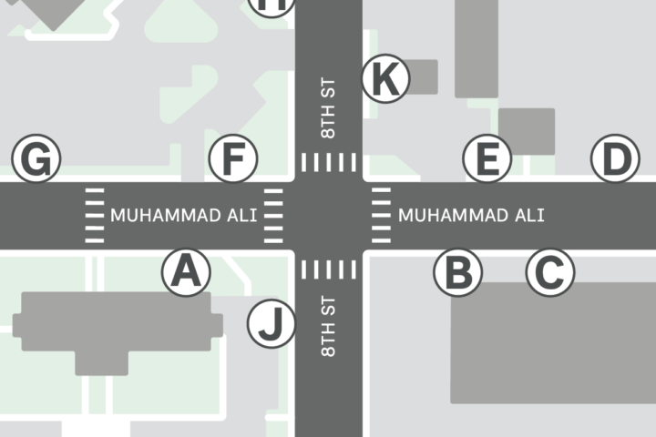 Map showing the intersection of 8th St and Muhammad Ali, with buildings labeled A through L surrounding the intersection.