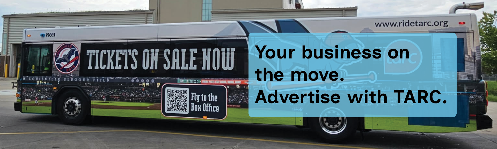 A city bus displays ads for tickets and TARC business advertising services, with a QR code and website atop a stadium background.